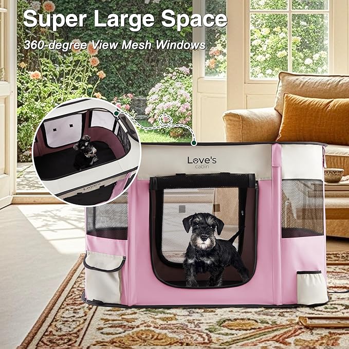 Love's cabin Pet Puppy Dog Playpen, Large Dog Tent Crates Cage Indoor/Outdoor, Portable Exercise Playpen for Cat, Foldable Pop Up Dog Kennel Playpen with Carring Case (L, Light Pink)