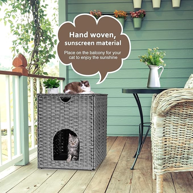 Cat Litter Box Enclosure with Litter Trapping Mat; Handwoven Plastic Rattan Cat House; No Installation Hidden Cat Washroom; Pet Crate for Balcony,Bedroom,Living Room