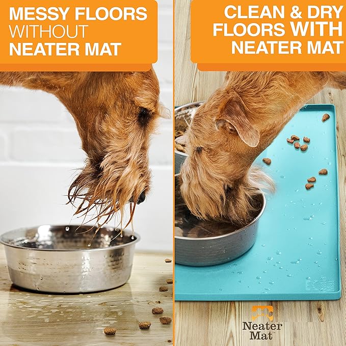 Neater Pet Brands Neater Mat Pet Mats for Food and Water, Cat & Dog Bowl Mat Waterproof Silicone, Feeding Tray, Dog Food Mats for Floors, Placemat w/Raised Edge for Under Bowls, 19” x 12”, Aquamarine