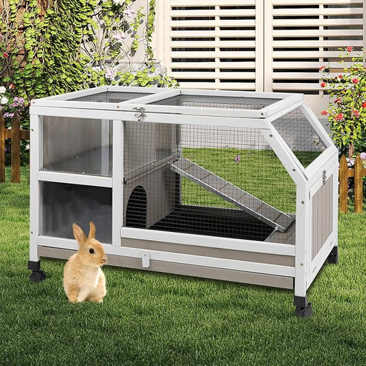36''L Rabbit Hutch Outdoor with Casters and Run, Wooden Indoor 2 Story Guinea Pig Cage with Divider Panel, Pull Out Tray, Rabbit Duck Bunny House for Small to Medium Animals and Pet Lover, Gray