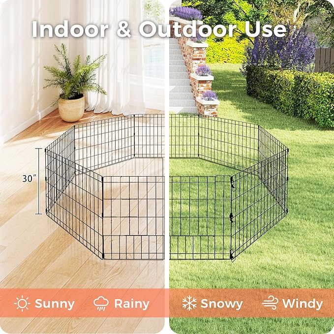 Foldable Dog Playpen 30" Height 8 Panels Metal Exercise Pen No Door - Indoor/Outdoor Puppy Playpen for Small Dogs, Portable Pet Fence for Yard Garden Camping, Black