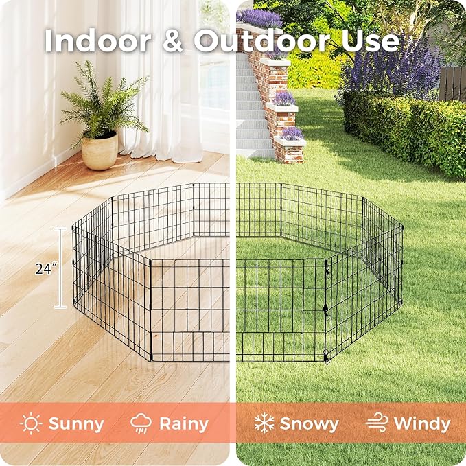 Foldable Dog Playpen 24" Height 8 Panels Metal Exercise Pen No Door - Indoor/Outdoor Puppy Playpen for Small Dogs, Portable Pet Fence for Yard Garden Camping, Black