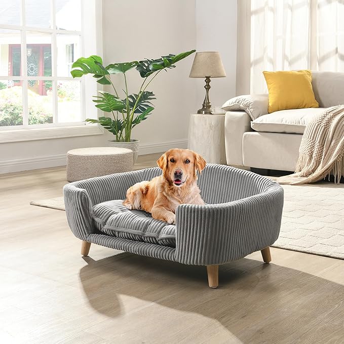 Christopher Knight Home Elroy Orthopedic Dog Bed, Elevated Dog Sofa Bed for Small Dog, Supportive Foam Pet Couch Bed with Wooden Legs, Modern Pet Sofa Bed, Gray
