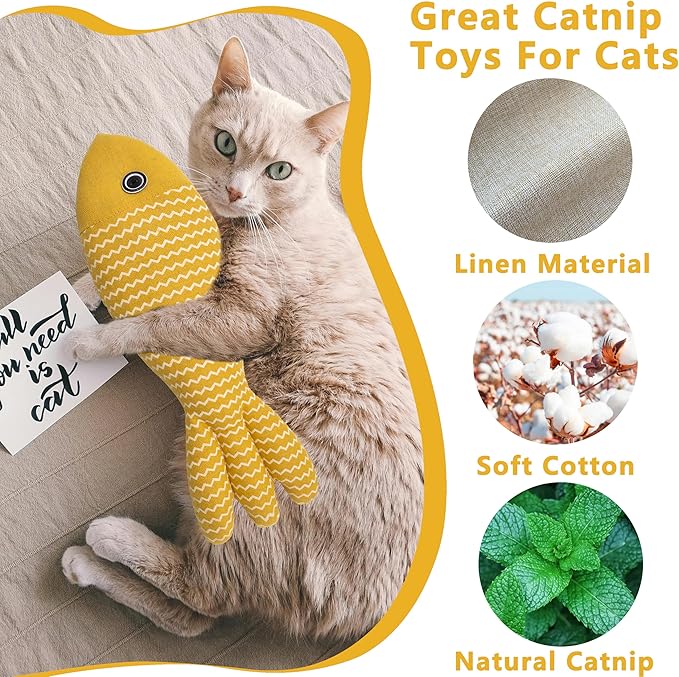 Interesting Catnip Toys Fish, 1 Pack Large Cat Toys, Soft Indoor Cat Kicker Toys, Durable and Highly Interactive Catnip Toys（Yellow Fish）