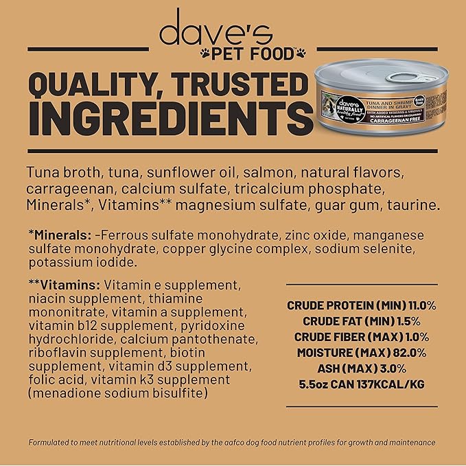 Dave's Pet Food Grain Free Wet Cat Food Gravy (Tuna & Shrimp Dinner in Gravy), Naturally Healthy Canned, Added Vitamins, 5.5 oz Cans (24 Pack)