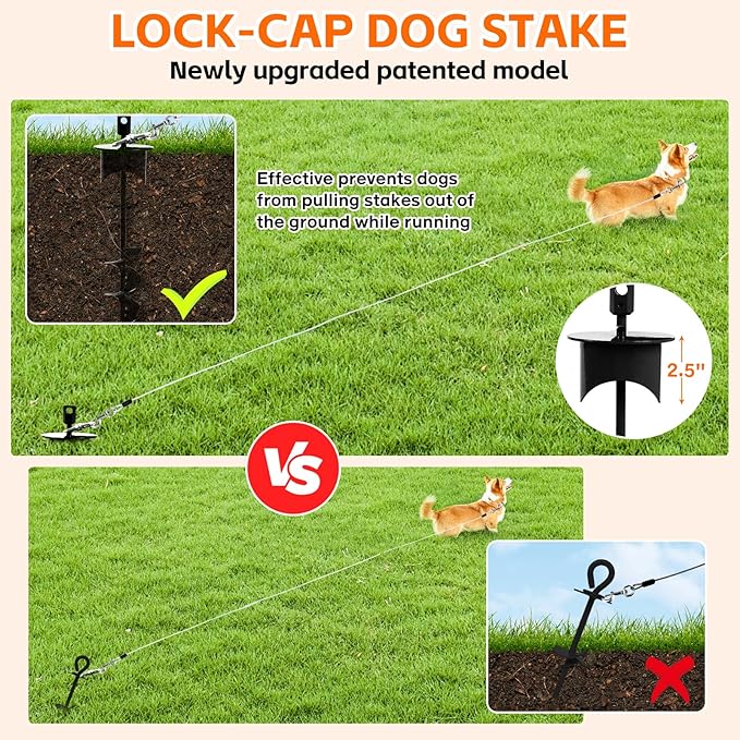 Snagle Paw Dog Tie Out Stake with Lock-Cap Prevents Pulling Out - Heavy Duty 360°Swivel Dog Stake for Outside,Yard, Beach & Camping - Rust Proof Ground Anchor for Dog Cable,Leash,Tether,up to 220 lbs