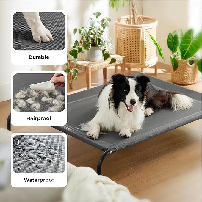 Bedsure Outdoor Elevated Dog Beds for Small Dogs, Portable Indoor & Outdoor Cooling Raised Cot Pet Hammock Bed with Skid-Resistant Feet, Frame with Breathable Mesh, Grey, 35 inches
