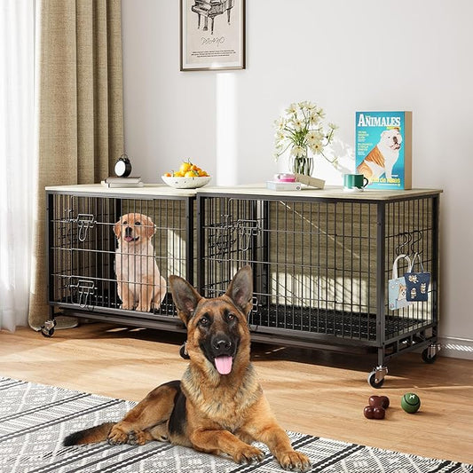 Dog Crate Furniture, 38.6" Wooden Dog Crate with Double Doors, Dog Furniture, Large Dog Kennel Indoor End Table for Large Dogs, Grey