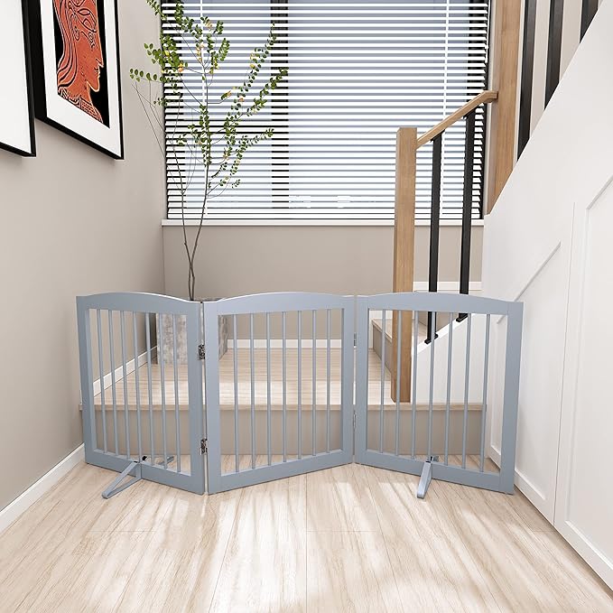 Freestanding Pet Gate for Dogs, Foldable Wooden Dog Gate for House, Indoor Dog Gate for Doorways, Stairs, Gates for Dogs Indoor, Support Feet Included, 24" Height 3 Panels, Grey