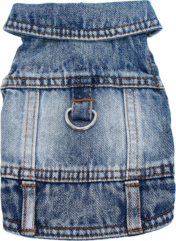 Puppy Clothes for Small Dogs Boy,Classic Western Denim Dog Coat,Dog Jeans Jacket with Leash D-Ring,Pet Cat Costumes,Cooling Harness Vest for Walking (Blue, XX-Large)