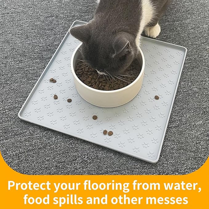 Ptlom Dog Food Mat Anti-Slip Bowl Mats for Food and Water, Waterproof Silicone Pet Placemat with High Raised Edges, Non-Slip Puppy Feeding Tray for Small, Medium Large Cats Dogs, Gray, 11.8"x11.8"