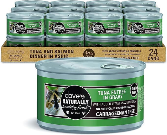 Dave's Pet Food Grain Free Wet Cat Food (Tuna Entrée in Gravy), Naturally Healthy Canned, Added Vitamins & Minerals, Wheat & Gluten-Free, 3 oz (24 Pack)
