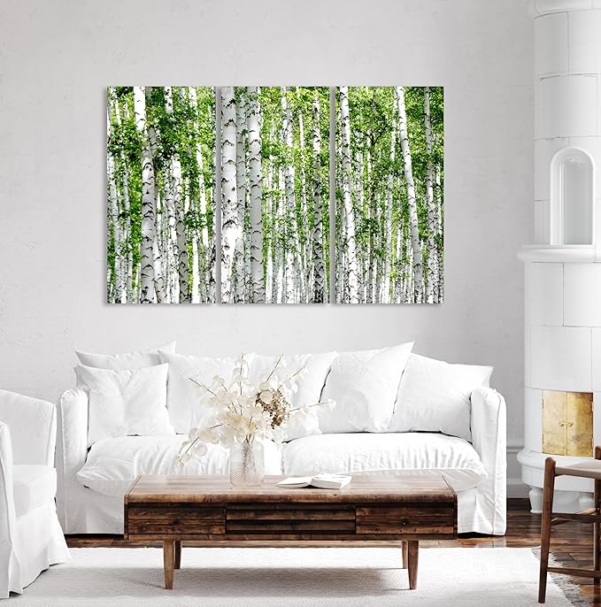 Nature Wall Art Prints - Ocean Forest Mountain Lake Canvas Landscapes - Small to Extra Large Living Room Bedroom Kitchen Bathroom Décor (Green Brich Trees, 35L" x 53W" - 3 Panels)