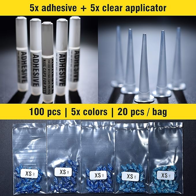 zetpo 100 pcs Cat Nail Caps | Cat Claw Covers | with Adhesives and Applicators (XS, 5X Blue Glitter Shades)