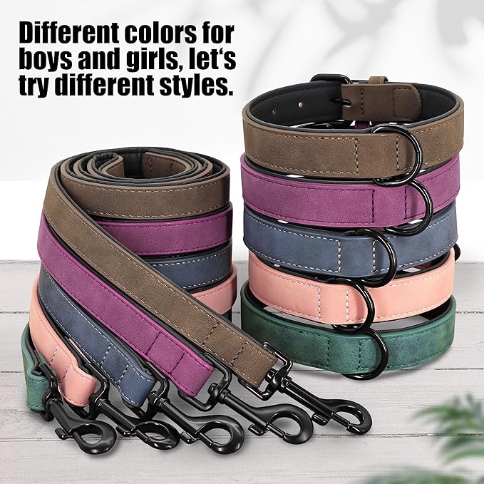 Didog Soft Padded Leather Dog Collar and Leash Set, Heavy Duty Dog Leash and Collar Set with Metal Buckle, Breathable Dog Collars with 4FT Leather Dog Leash for Small Medium Large Dogs, Purple, L