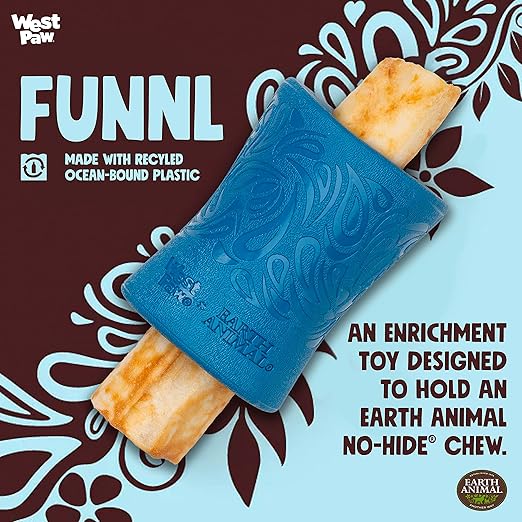 WEST PAW Funnl Dog Chew Toy - Interactive Treat Toys for Dogs - Toy Fillable with Earth Animal No-Hide Chews - Large 4.25" Marine | Made in USA