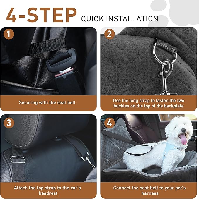 Dog Car Seat Booster with Waterproof Cover, Memory Foam, Small/Medium Dog Bed for Car Back Seat for Travel, Black/Grey, 2 Safety Belt