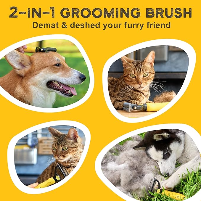 Deshedding Dog Brush - Double-Sided Pet Hair Remover for Cats & Dogs - Yellow Undercoat Grooming Rake for Shedding and Dematting