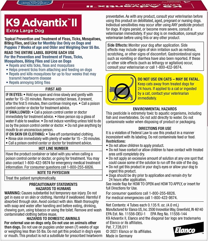 K9 Advantix II XL Dog Vet-Recommended Flea, Tick & Mosquito Treatment & Prevention | Dogs Over 55 lbs. | 4-Mo Supply (Pack of 2)