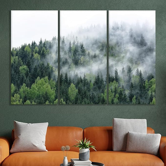 Nature Wall Art Prints - Ocean Forest Mountain Lake Canvas Landscapes - Small to Extra Large Living Room Bedroom Kitchen Bathroom Décor (Pine Trees in Fog, 55L" x 83W"- 3 Panels)