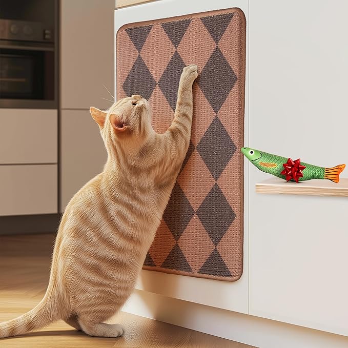 SCRATCHABLE Sisal Cat Scratcher, [+ Catnip Fish Toy], Cat Wall Scratcher, Couch Protector from Cat Scratching, 24 X 15.8 with 12 Adhesive Velcro Stripes. (Brown Diamonds)