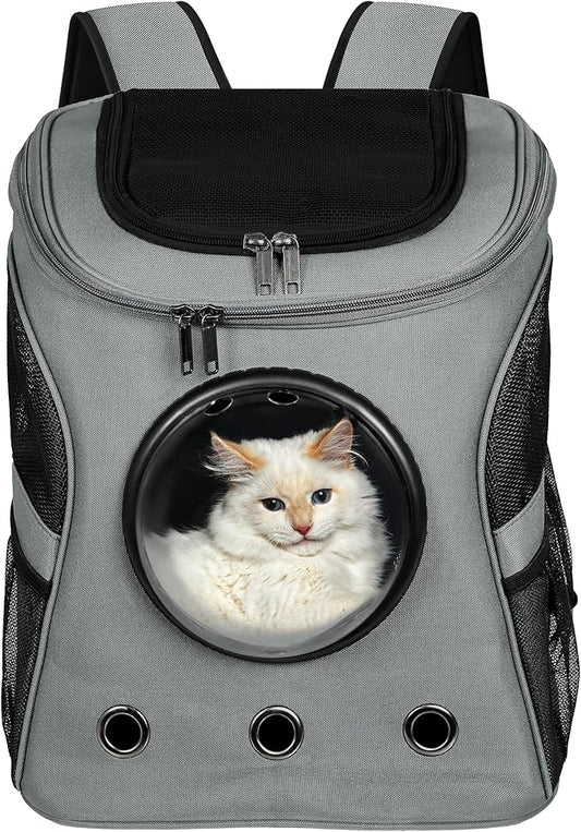 Cat Backpack Carrier, Airline Approved, Space Capsule Bubble Design, Ideal for Cats & Dogs up to 28-35 lbs, with Strong Straps, Safety Zippers, Mesh, Comfortable for Hiking & Travel (Grey)