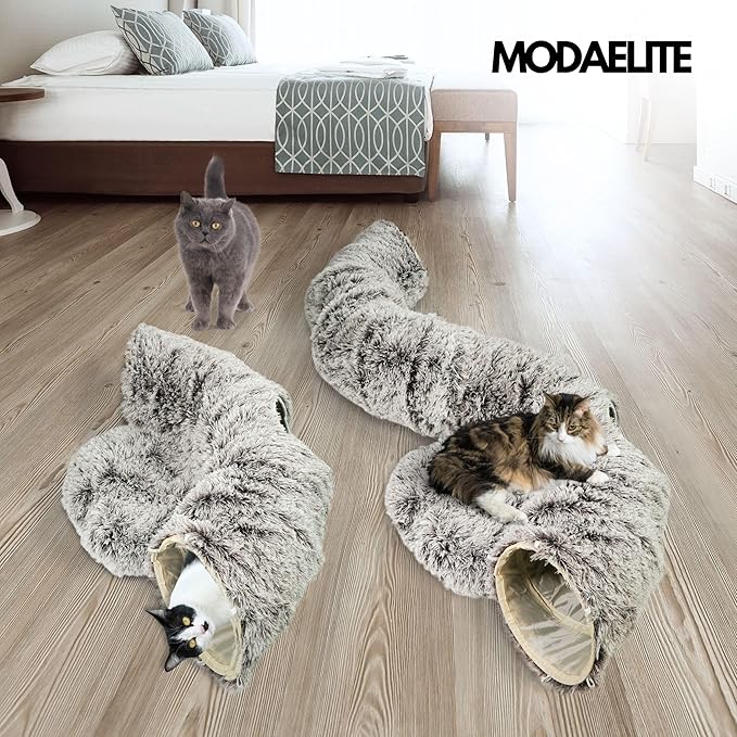 Cat Donut Bed with Washable Cushion – Cat Caves for Indoor Cats – Collapsible Donut Bed with Peekaboo Pet Tunnel Toy – Cozy Hideout for Kittens, Ferrets, Rabbits & Dogs - Brown