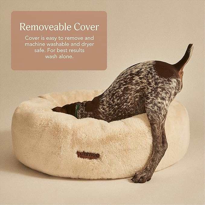 UnHide Floof Pet Bed - Large (35" x 12") - Extra Soft Dog Bed - Removable Faux Fur Cover - Machine Washable - Helps Ease Pet Anxiety & Provides The Perfect Sleep - Beige Bear