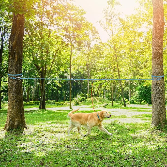 Tresbro Dog Camping Leash, 50ft/75ft/100ft Trolley System for Dogs up to 300lbs, Portable Lightweight Dog Runner Lead for Yard, Reflective Tie Out Cable for Camping, Courtyard, Park, Outside