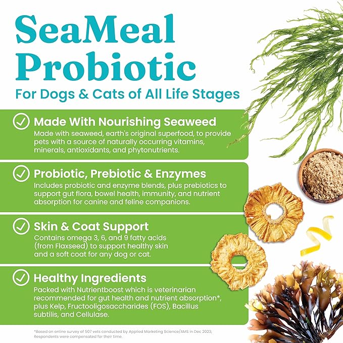 Solid Gold SeaMeal Cat Probiotic & Dog Probiotics for Digestive Health - Kelp Powder Dog & Cat Multivitamin Supplement w/Prebiotics & Digestive Enzymes for Skin, Coat, & Gut + Immune Support - 8oz