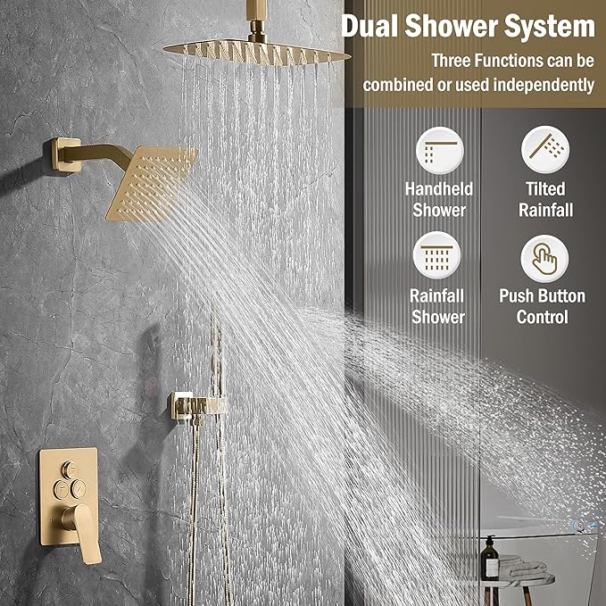 12 Inch Rain Shower System, Brushed Gold Shower Faucet Set with Push Button Diverter, 6 Inch Wall Mounted 3-Functions Bathroom Shower Systems with Dual-Function Handheld
