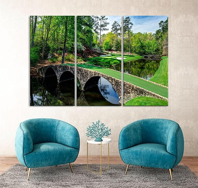 Nature Wall Art Prints - Ocean Forest Mountain Lake Canvas Landscapes - Small to Extra Large Living Room Bedroom Kitchen Bathroom Décor (Golf Course with Stone Bridge, 31L" x 47W" - 3 Panels)