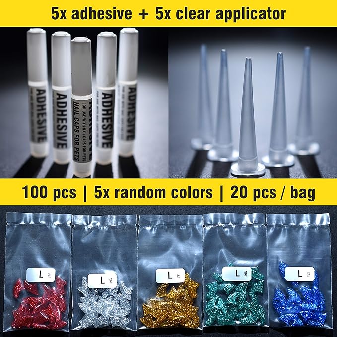 zetpo Cat Nail Caps | Cat Claw Covers | with Adhesives and Applicators (L, 5X Glitter Random Colors | 100 pcs)