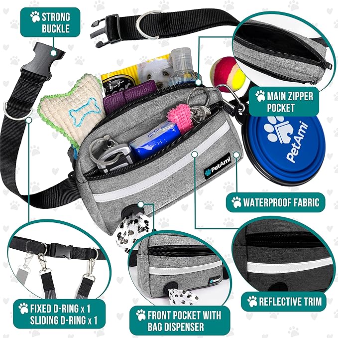 PetAmi Hands Free Dog Leash, Running Leash Belt Walking, Jogging, Waist Zipper Pouch with Poop Bag Dispenser, Dual Padded Handles, Reflective Durable Bungee Single, Heather Grey, 1 Leash