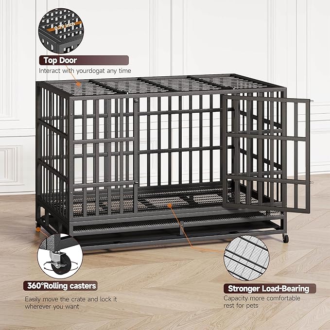 48 Inch Heavy Duty Indestructible Dog Crate Steel Escape Proof, High Anxiety Cage, Kennel with Wheels, Removable Tray, Extra Large XL XXL