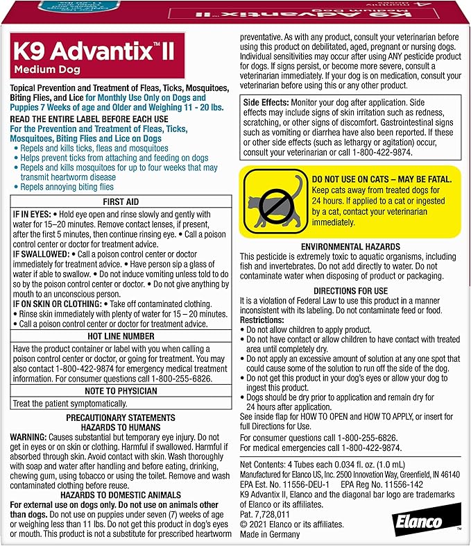 K9 Advantix II Medium Dog Vet-Recommended Flea, Tick & Mosquito Treatment & Prevention | Dogs 11-20 lbs. | 4-Mo Supply