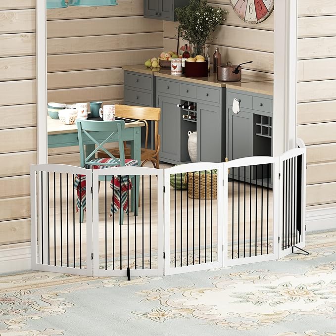 Freestanding Pet Gate for Dogs, Indoor Wooden Foldable Dog Gate for House, Extra Wide, Pet Fence for Stairs, Doorways, Halls, Support Feet Included, 120 Inch Wide, 6 Panels 32",White