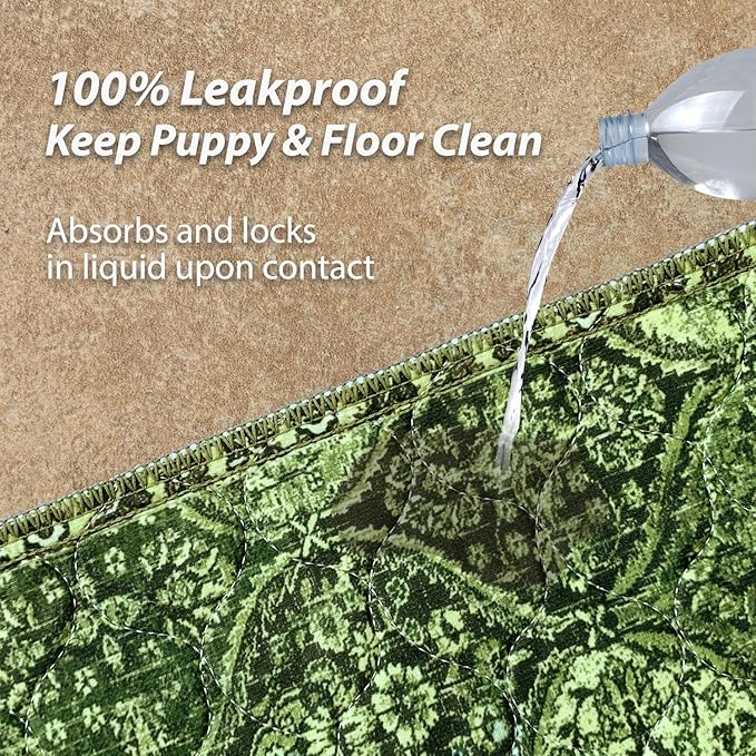 nunubaby Washable Pee Pads for Dogs, Stylish, Non-Slip and Leak-Proof Pee Pads. Reusable Potty Pads for Dogs for Crates and Floors.(Green/Multi, 54" x54")