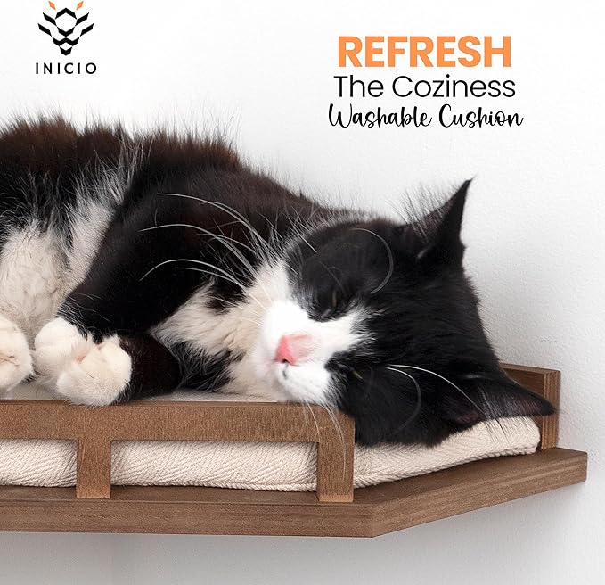 INICIO Cat Wall Shelves - Modern and Durable 3 Step Cat Furniture for Wall - Stylish Birch Floating Shelf for Cats up to 15lbs - Wooden Corner Shelves with Cushioned Perch - Brown