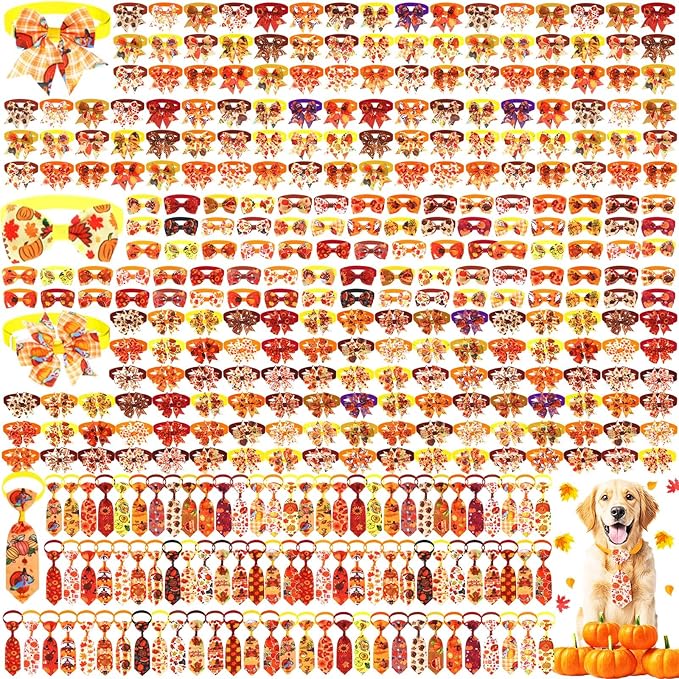 Talltalk 360 Pcs Halloween Dog Bow Ties Collars Set Adjustable Thanksgiving Christmas Fall Xmas Dogs Neckties Grooming Accessories for Small Medium Large Pet Cat Decoration(Thanksgiving)