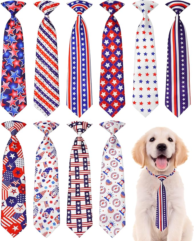 PET SHOW 10 Pack 4th of July Dog Ties Neckties for Large Medium Dogs Adjustable Holiday Grooming Accessories Patriotic Neck Ties Bowties Girl Boy Pets Memorial Day Holiday Party Costumes
