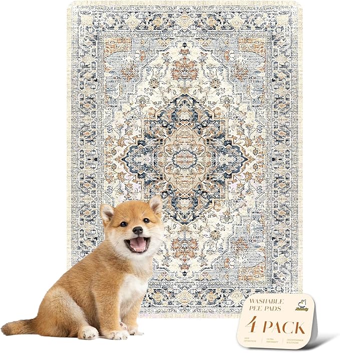 nunubaby 4PACK Washable Pee Pads for Dogs, Stylish, Non-Slip and Leak-Proof Pee Pads. Reusable Potty Pads for Dogs for Crates and Floors.(Beige/Multi, 18" x24")