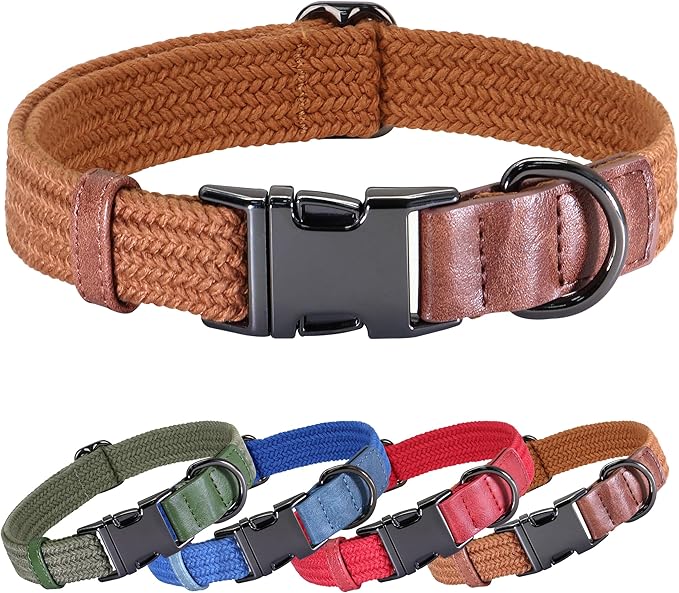 PET ARTIST Soft Cotton Dog Collars for Large Dogs in Rustic Brown, Simple Dog Collar with Quick Release Metal Buckle & D Ring, L Size (15-23")