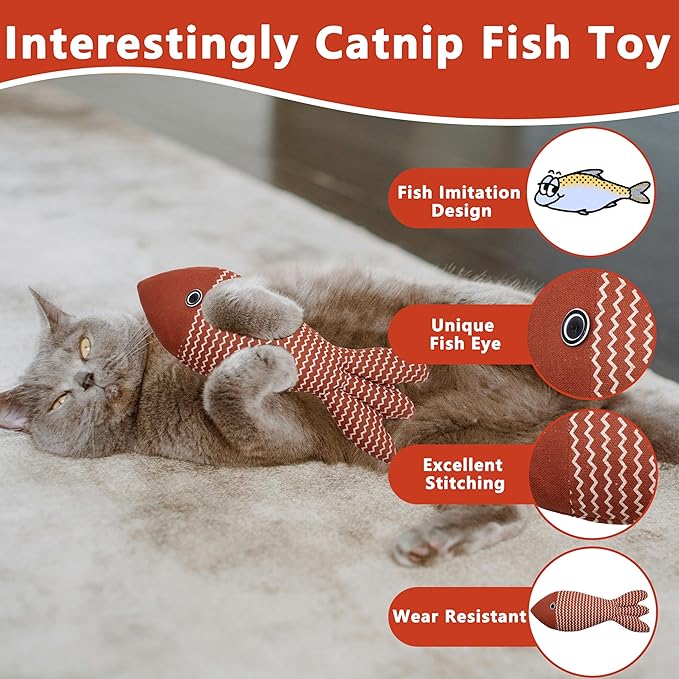 Interesting Catnip Toys Fish, 1 Pack Large Cat Toys, Soft Indoor Cat Kicker Toys, Durable and Highly Interactive Catnip Toys（Red Fish）