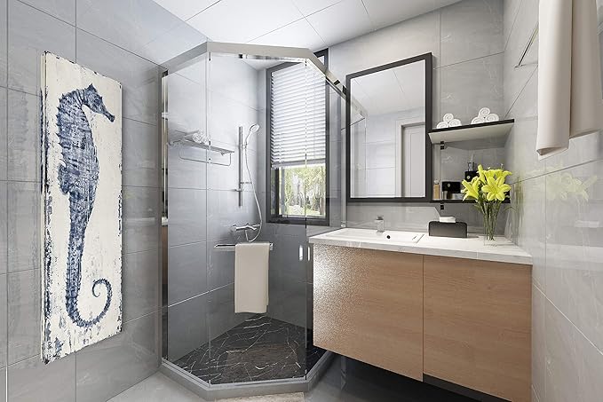 Yihui Arts Ocean Life Theme Bathroom Decor Mediterranean Style Home Canvas Wall Art Watercolor Painting Beach Marine Sea Animal Seahorse Print Framed Stretched Pictures