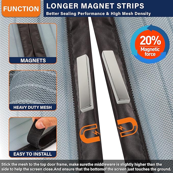 Magnetic Screen Door，Screen Door Mesh，Keep Bugs Out, Heavy-Duty Mesh Curtain,Pet and Kid Friendly, Works with Front Doors, Sliding Doors（36 x 80 Inches Gray