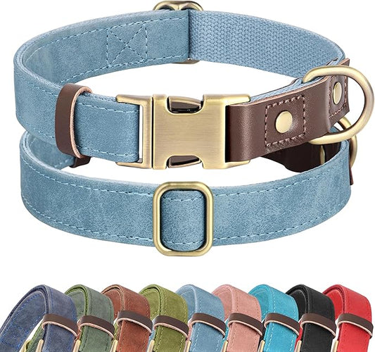 Didog Soft PU Leather Dog Collar for Large Dogs,Classic Adjustable Dog Collars with Quick Release Metal Buckle,Easy Clean and Comfortable with Nylon Lining,Denim Blue,L Neck 15-23"