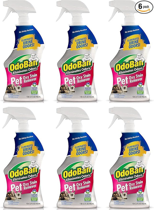OdoBan Pet Solutions Oxy Stain Remover, Pet Stain Eliminator, Made in the USA, 6-Pack, 32 Ounce Spray Each