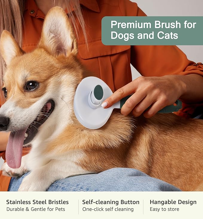 Pet Self-Cleaning Slicker Brush for Dogs & Cats, Deshedding Grooming Comb, Removes Loose Undercoat Hair & Mats, Skin-Friendly Massaging Tool for Long/Short Fur, Large & Small Breeds (Green)