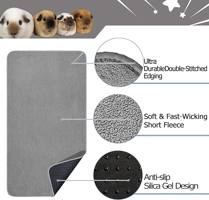 Guinea Pig Cage Liner, 2 Pack - Washable, Reusable, Leakproof Fleece Bedding Pads for Small Animals with Anti-Slip Bottom - for Midwest Cage/24''X36'' Area, Gray